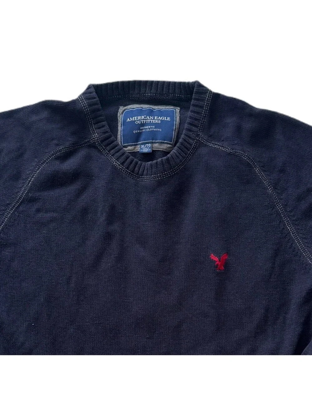 American Eagle Mens XL Navy Knit Crewneck Sweater Pullover Logo Raglan Casual